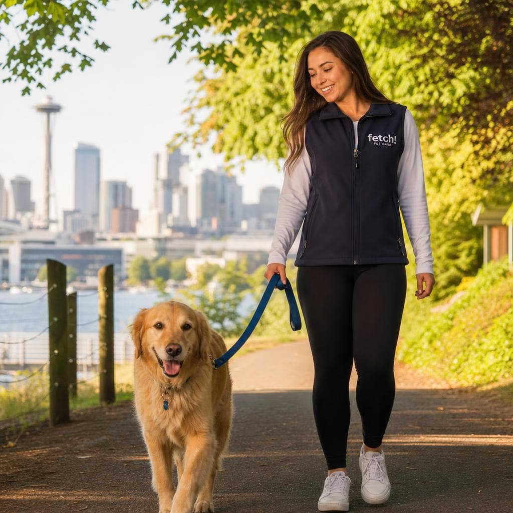Pet care professional walking a dog on a sunny Seattle path
